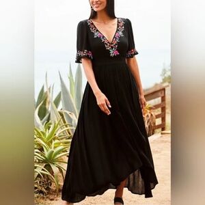 Tommy Bahama Embroidered Floral Tropical Boho Midi Wrap Dress Women's S Black